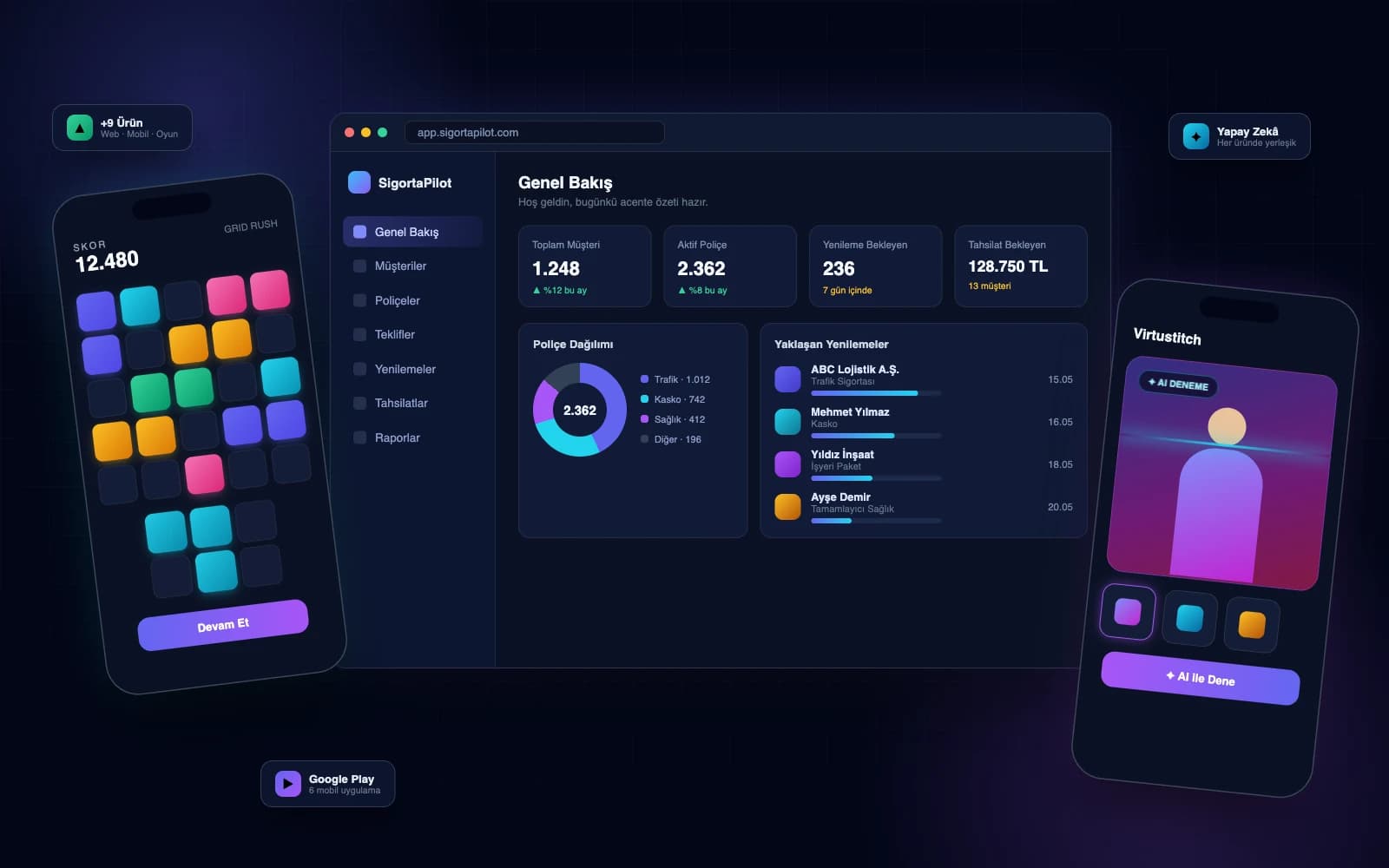 Appnes products: SigortaPilot dashboard, block puzzle game and Virtustitch AI try-on screen